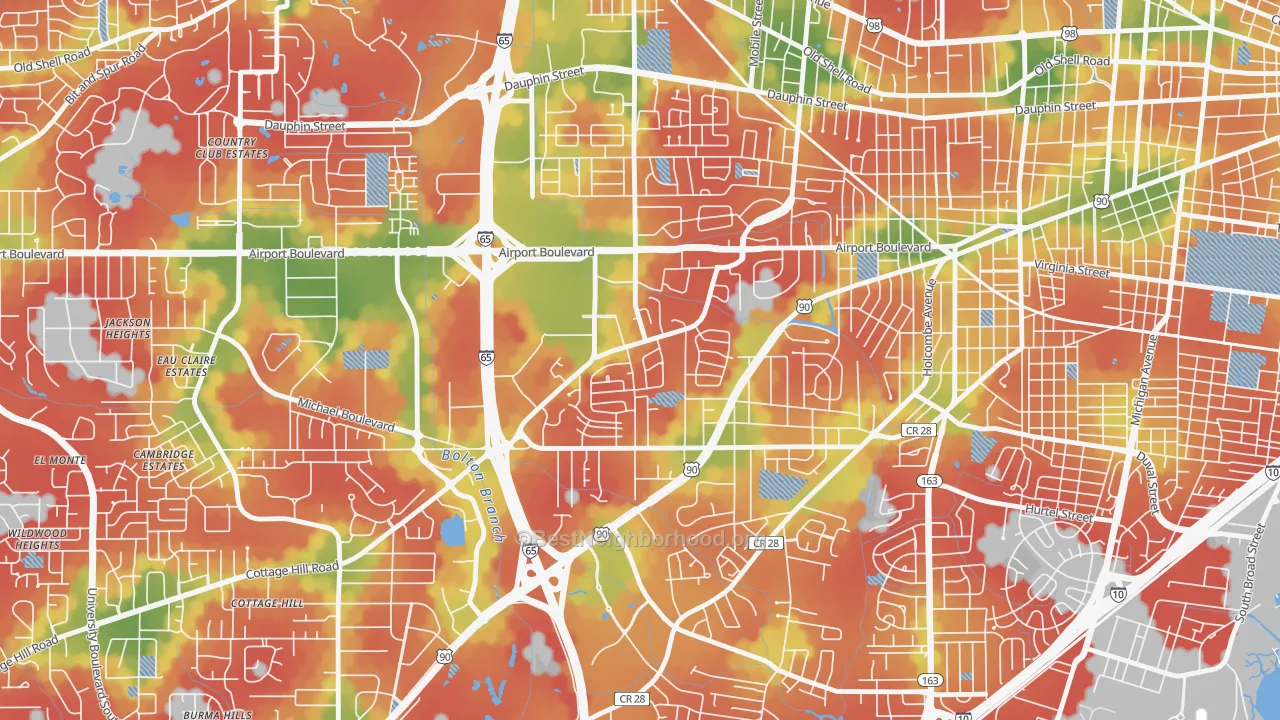 Walk Grade map of Brookwood, Mobile, AL, walkable areas in green and car-dependent areas in red