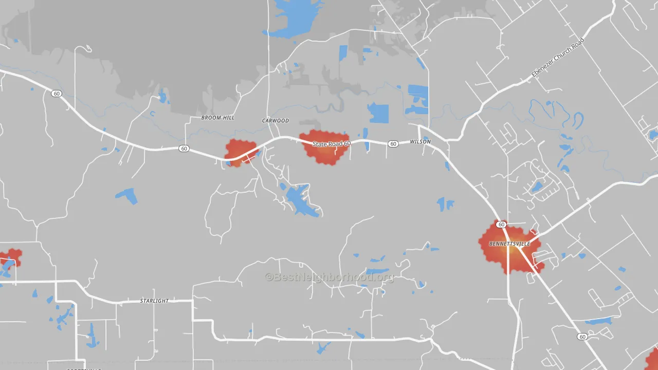 Walk Grade map of Broom Hill, IN, walkable areas in green and car-dependent areas in red