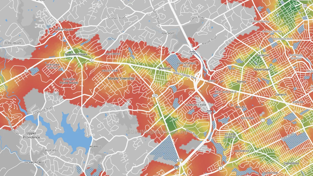 Walk Grade map of Broomall, PA, walkable areas in green and car-dependent areas in red