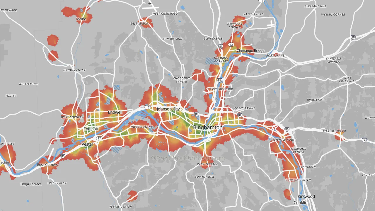 Walk Grade map of Broome County, NY, walkable areas in green and car-dependent areas in red