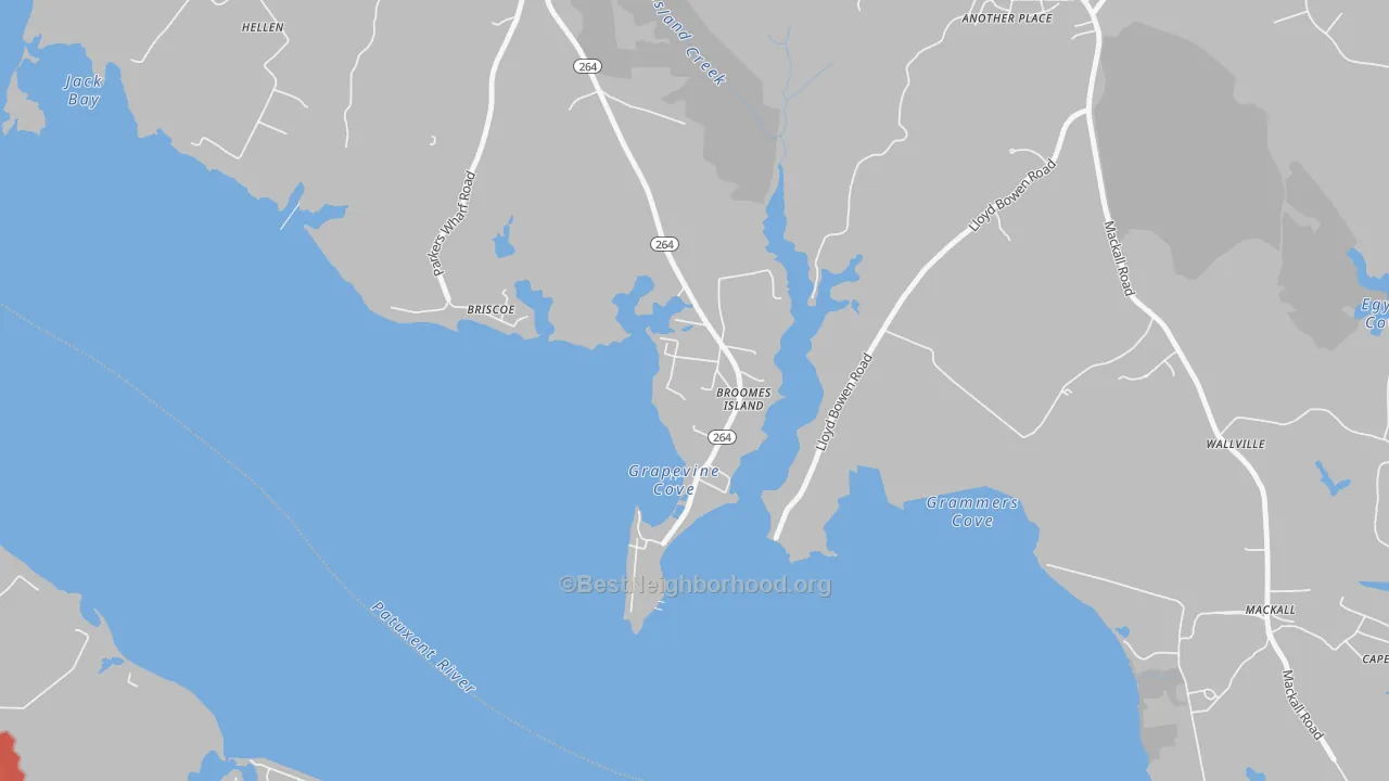 Walk Grade map of Broomes Island, MD, walkable areas in green and car-dependent areas in red