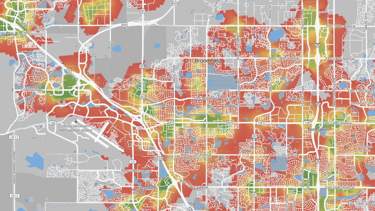 Walk Grade map of Broomfield, CO, walkable areas in green and car-dependent areas in red