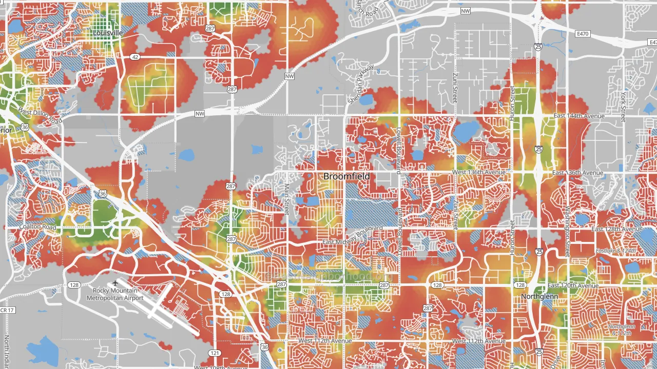 Walk Grade map of Broomfield County, CO, walkable areas in green and car-dependent areas in red