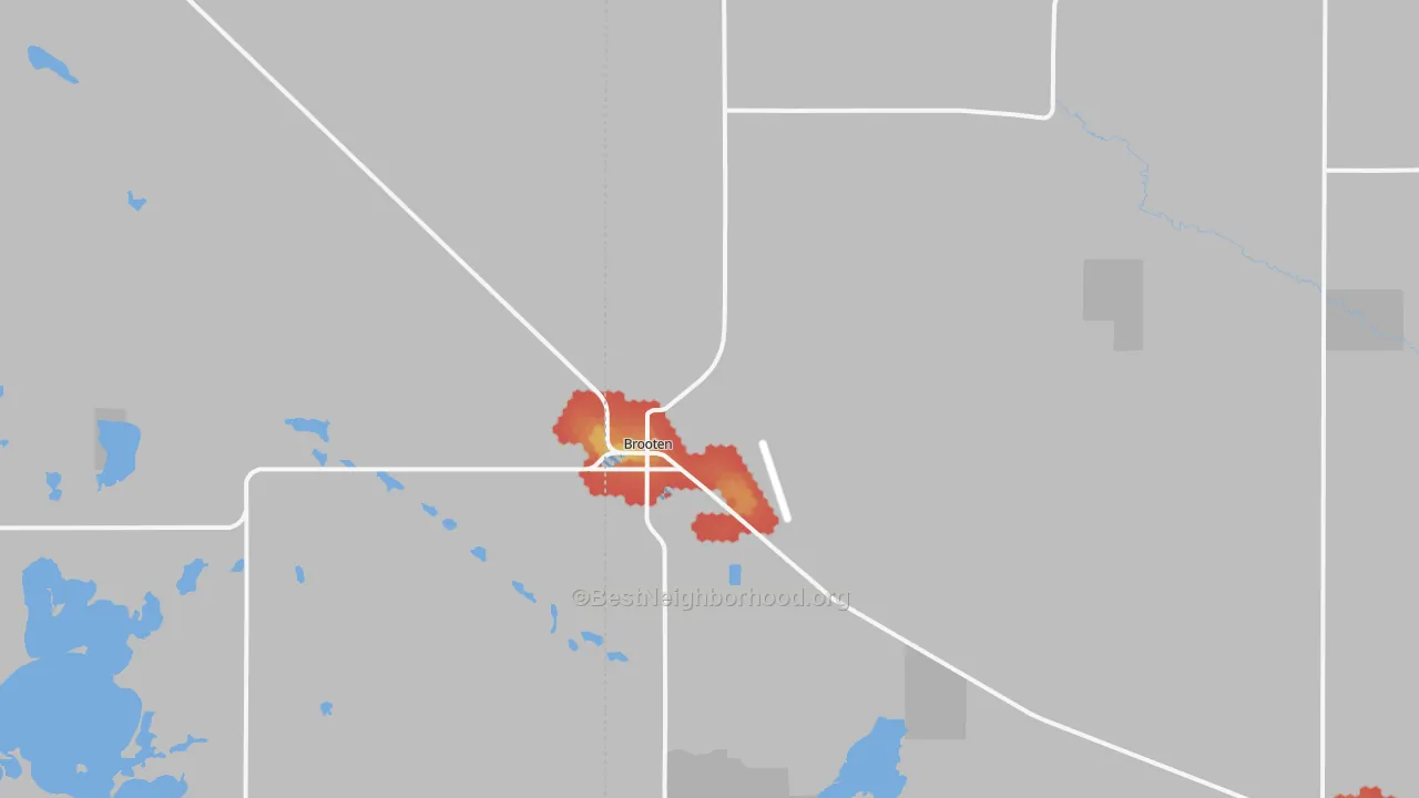 Walk Grade map of Brooten, MN, walkable areas in green and car-dependent areas in red