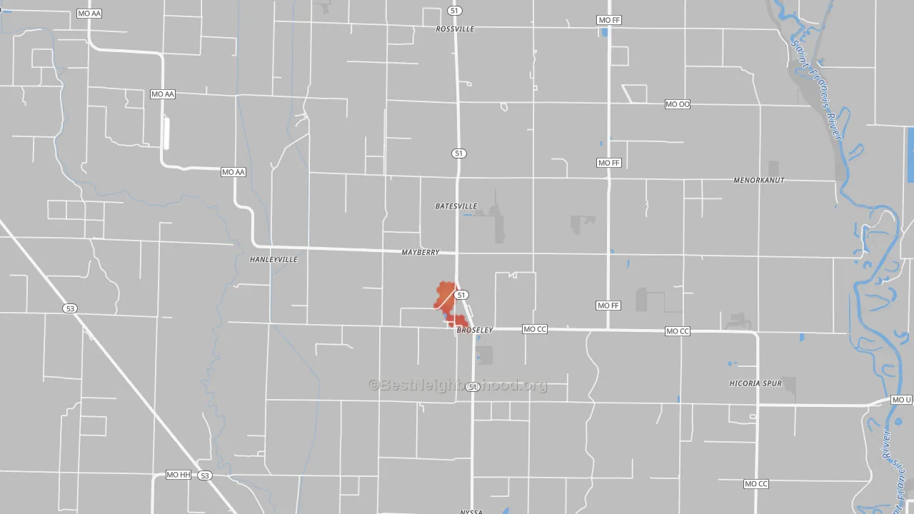 Walk Grade map of Broseley, MO, walkable areas in green and car-dependent areas in red
