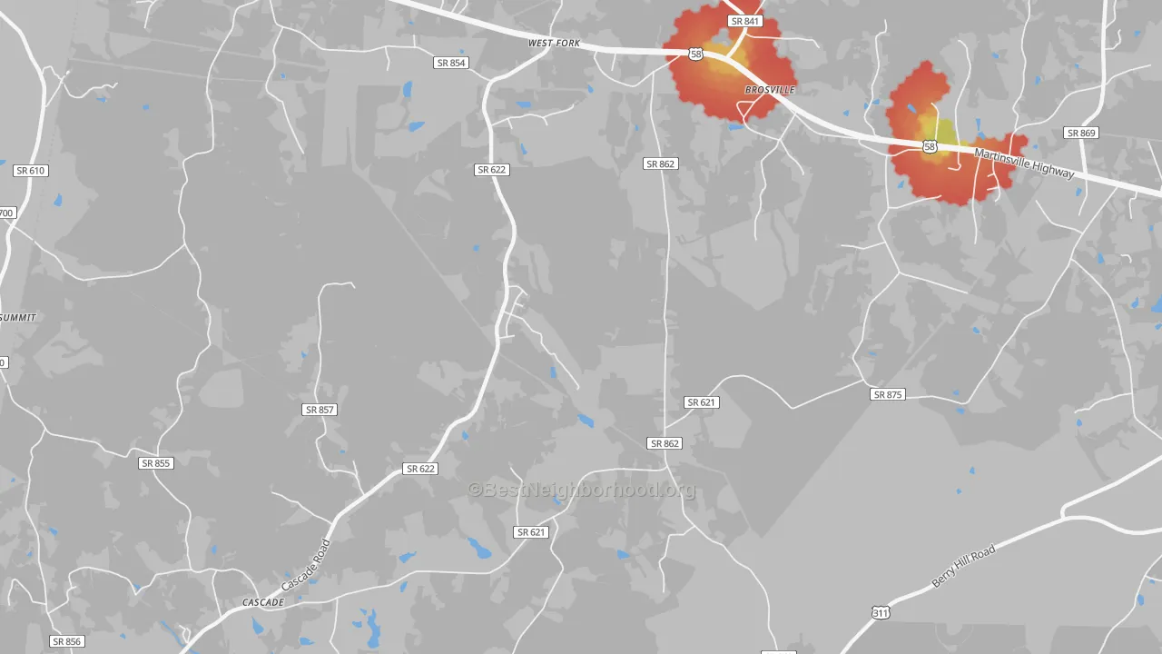 Walk Grade map of Brosville, VA, walkable areas in green and car-dependent areas in red