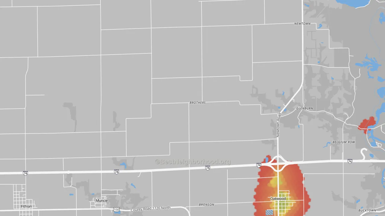 Walk Grade map of Brothers, IL, walkable areas in green and car-dependent areas in red