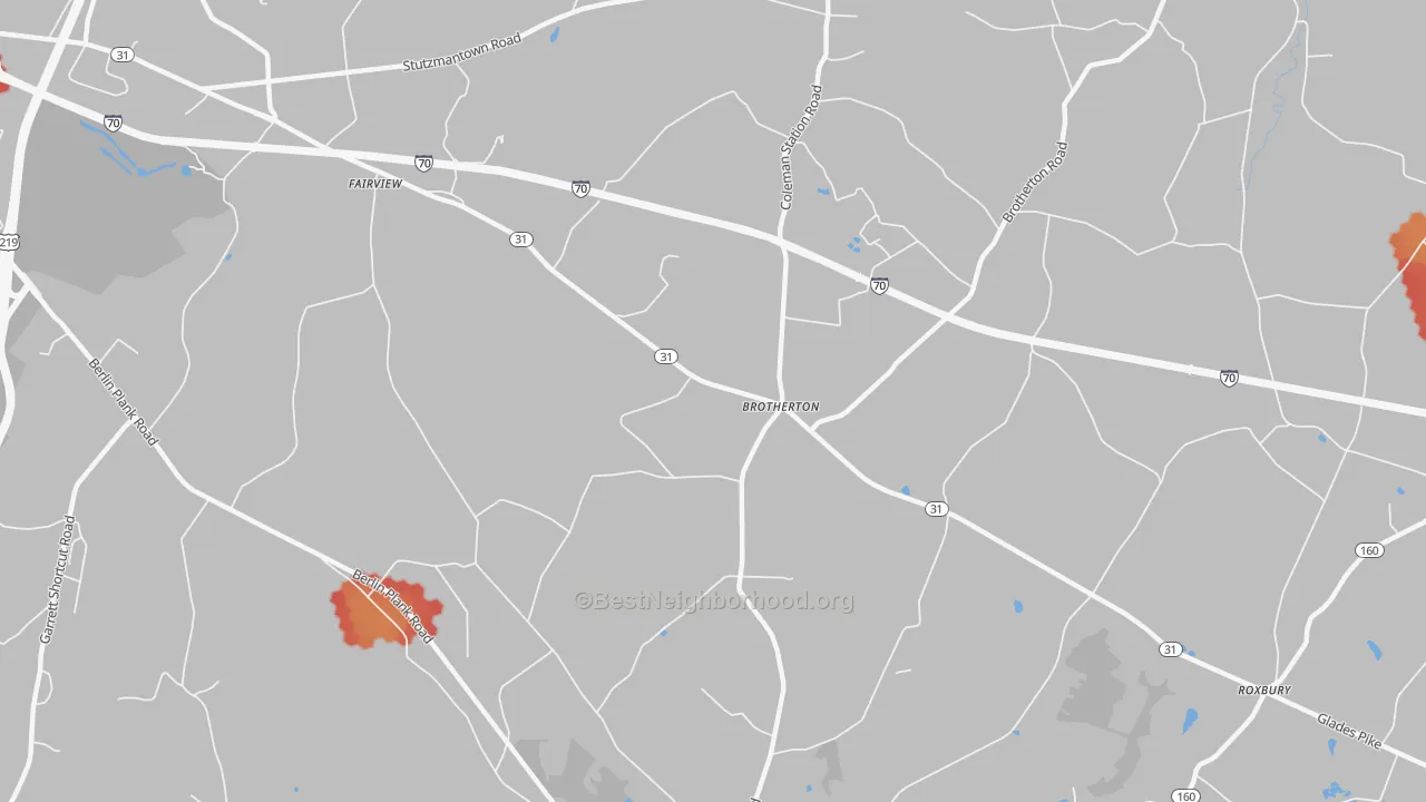 Walk Grade map of Brotherton, PA, walkable areas in green and car-dependent areas in red