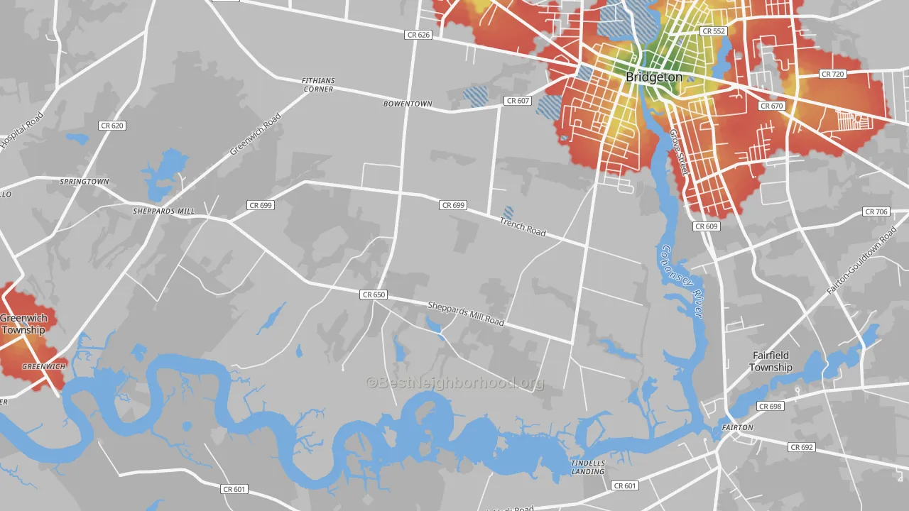 Walk Grade map of Brotmanville, NJ, walkable areas in green and car-dependent areas in red