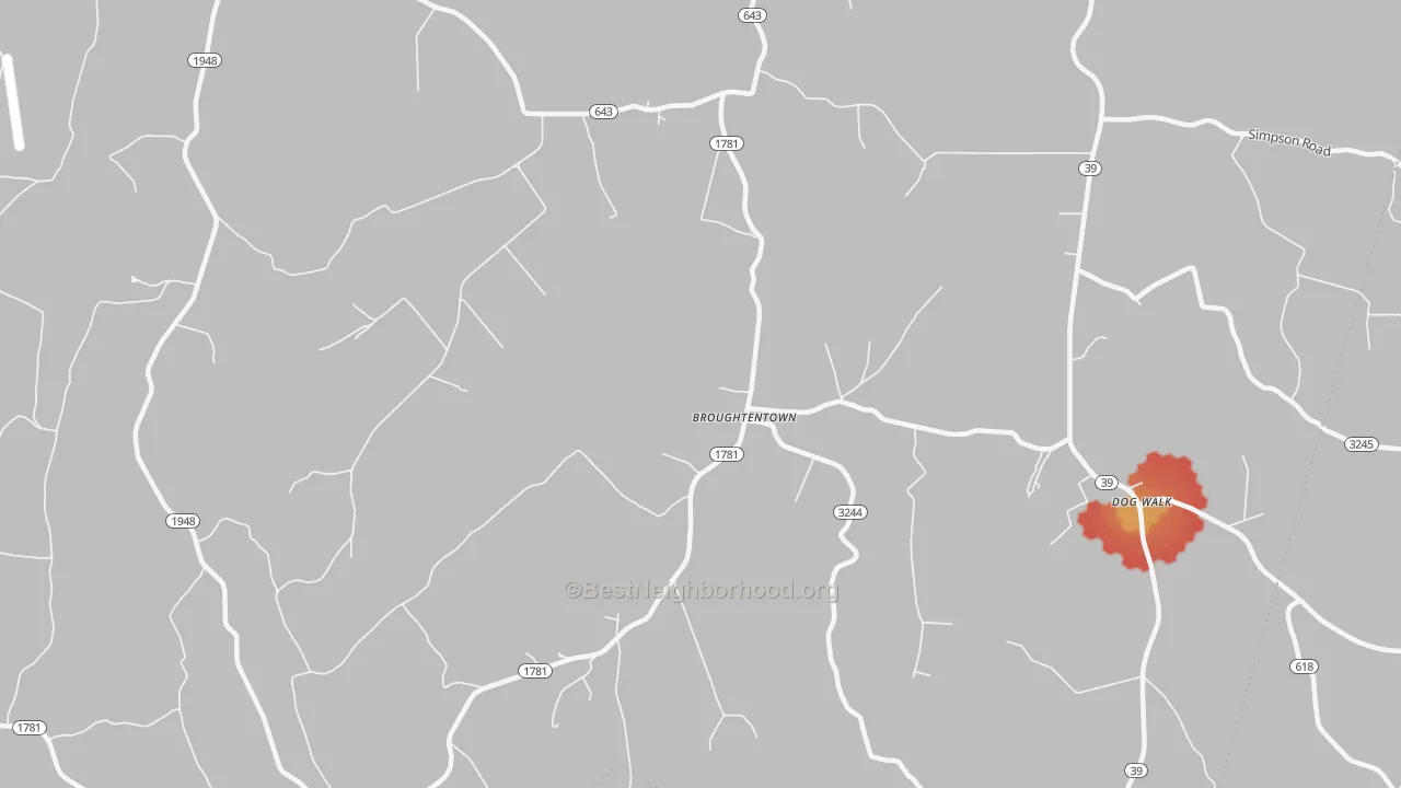 Walk Grade map of Broughtentown, KY, walkable areas in green and car-dependent areas in red