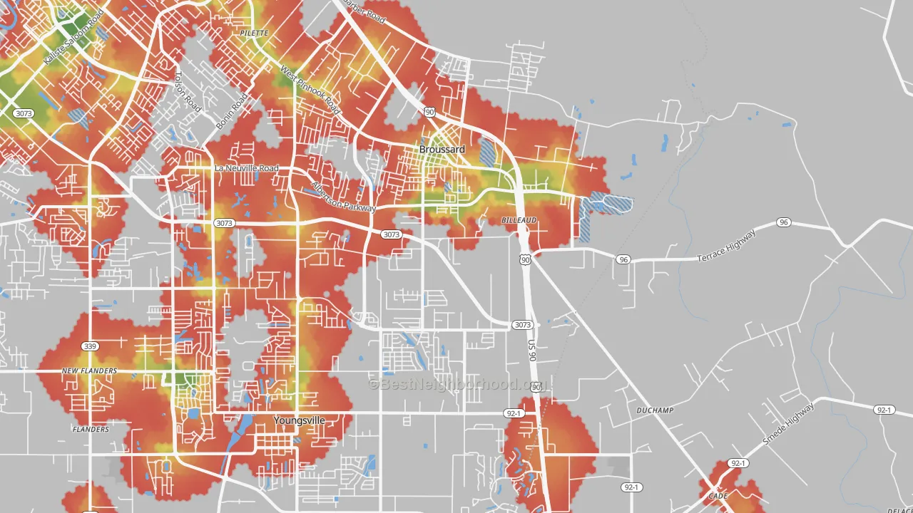 Walk Grade map of Broussard, LA, walkable areas in green and car-dependent areas in red
