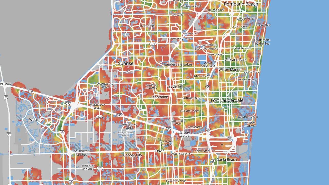 Walk Grade map of Broward County, FL, walkable areas in green and car-dependent areas in red