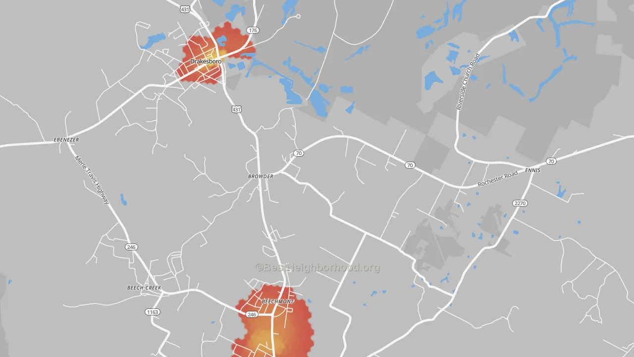 Walk Grade map of Browder, KY, walkable areas in green and car-dependent areas in red