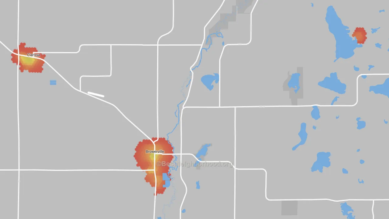 Walk Grade map of Browerville, MN, walkable areas in green and car-dependent areas in red