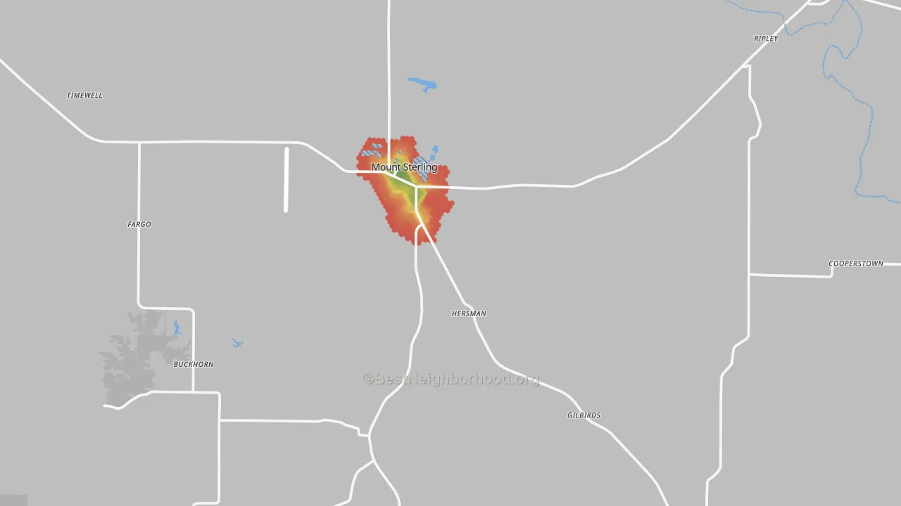 Walk Grade map of Brown County, IL, walkable areas in green and car-dependent areas in red