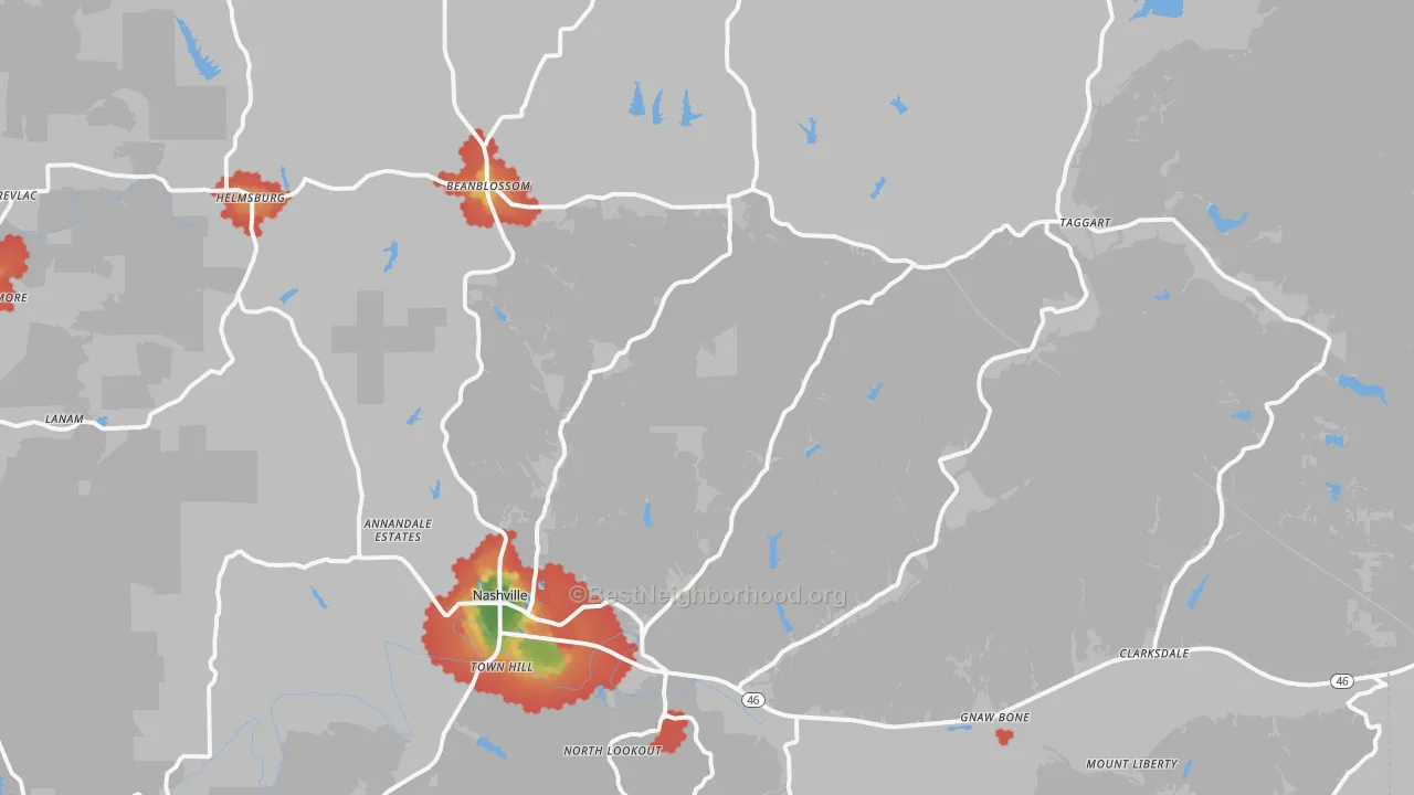 Walk Grade map of Brown County, IN, walkable areas in green and car-dependent areas in red