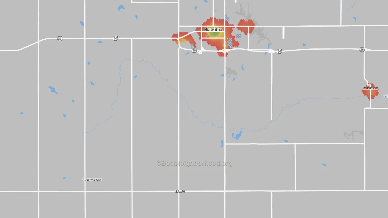 Walk Grade map of Brown County, KS, walkable areas in green and car-dependent areas in red