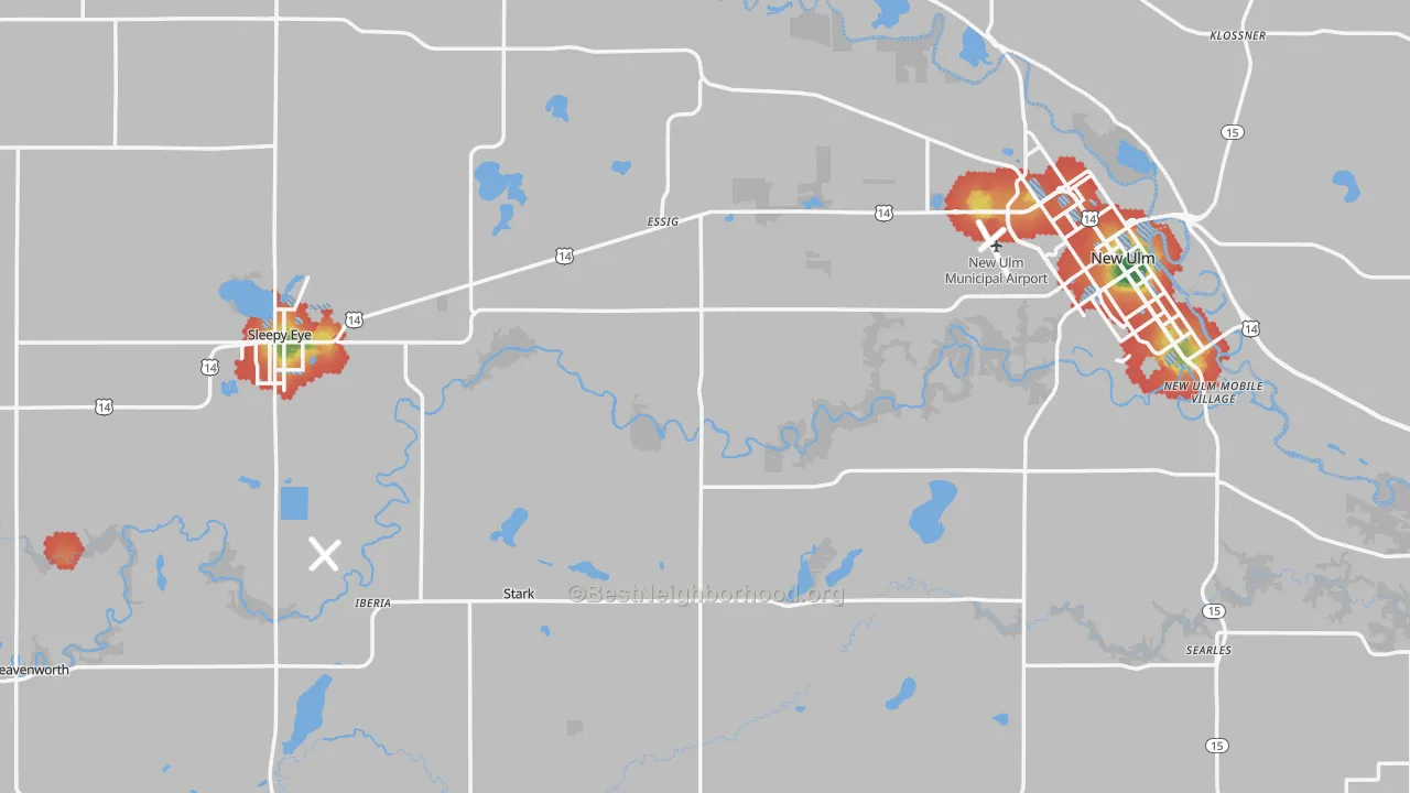 Walk Grade map of Brown County, MN, walkable areas in green and car-dependent areas in red