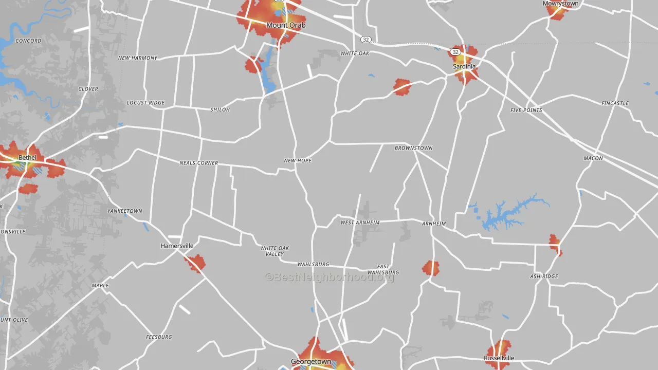 Walk Grade map of Brown County, OH, walkable areas in green and car-dependent areas in red