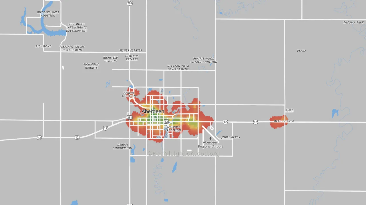 Walk Grade map of Brown County, SD, walkable areas in green and car-dependent areas in red