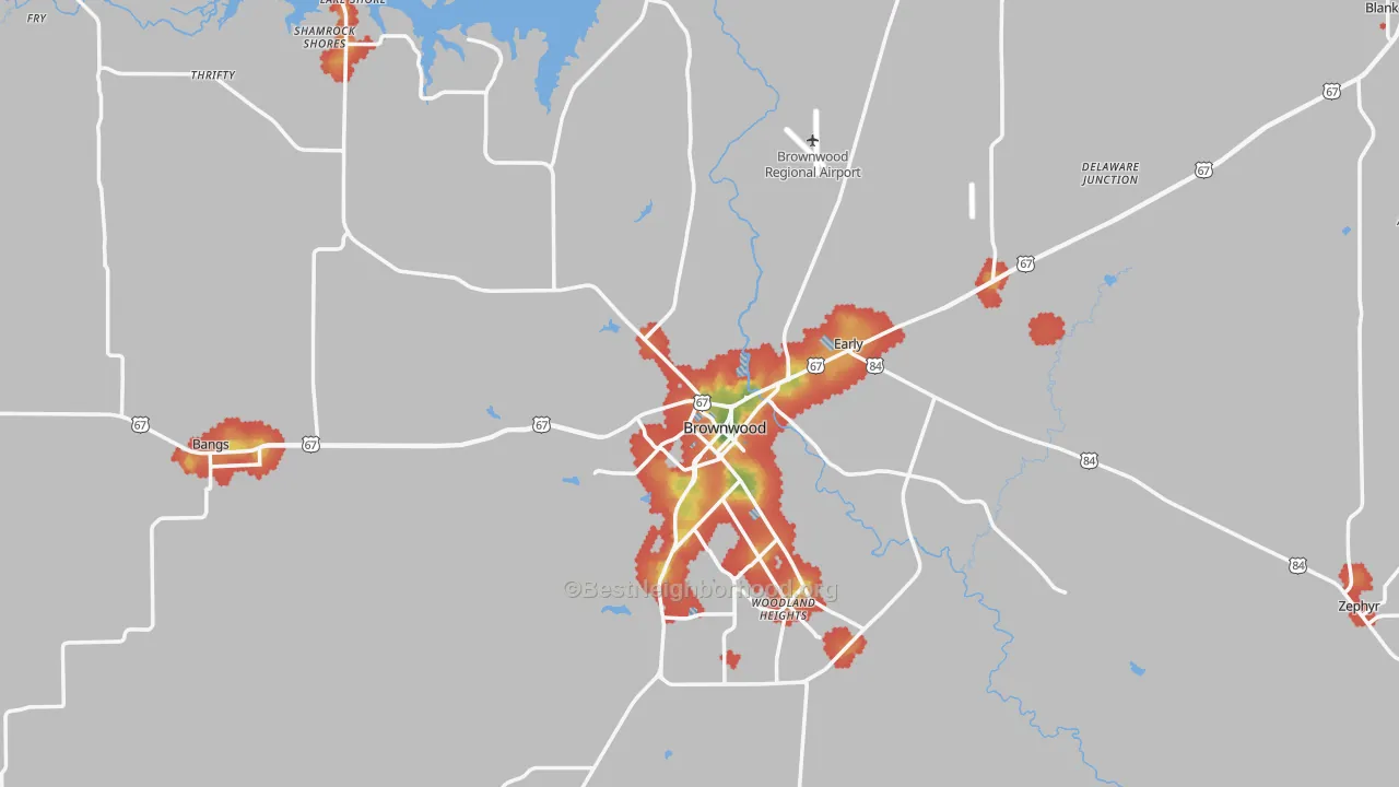 Walk Grade map of Brown County, TX, walkable areas in green and car-dependent areas in red