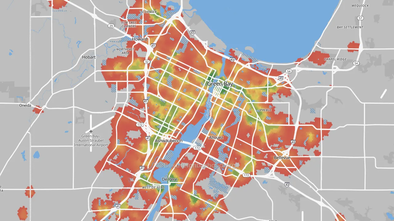 Walk Grade map of Brown County, WI, walkable areas in green and car-dependent areas in red