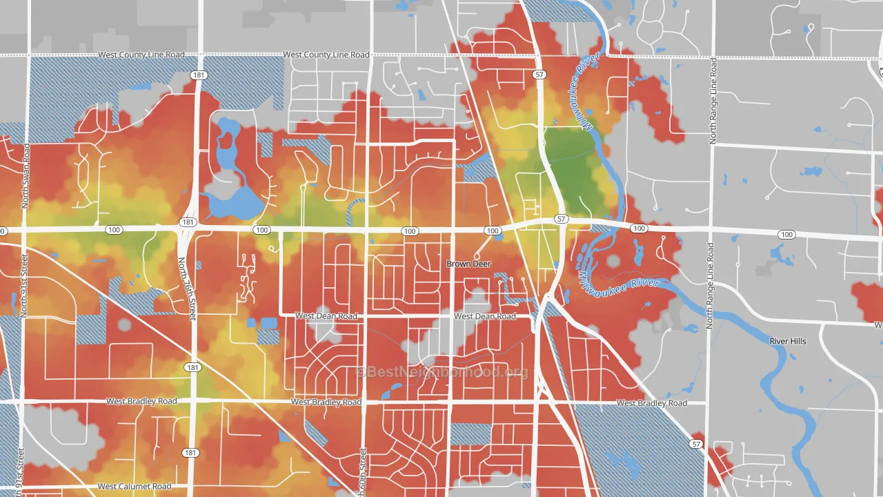 Walk Grade map of Brown Deer, WI, walkable areas in green and car-dependent areas in red