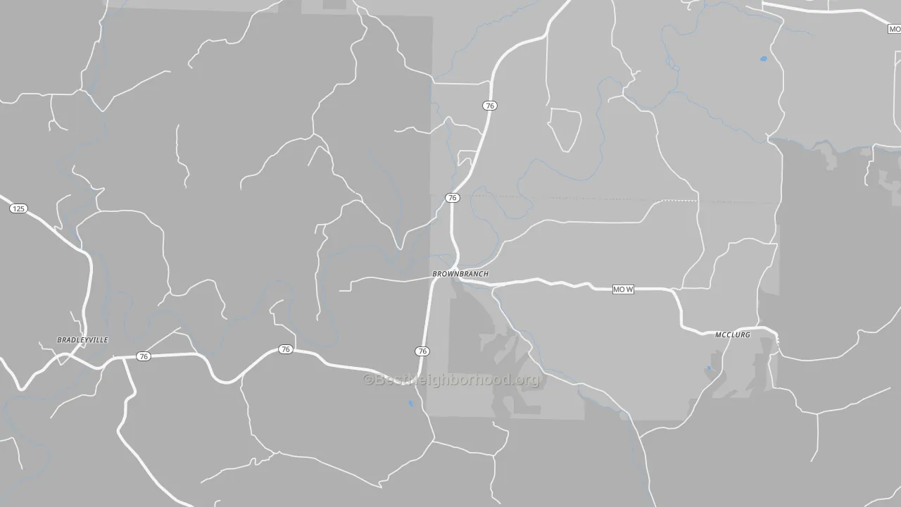 Walk Grade map of Brownbranch, MO, walkable areas in green and car-dependent areas in red