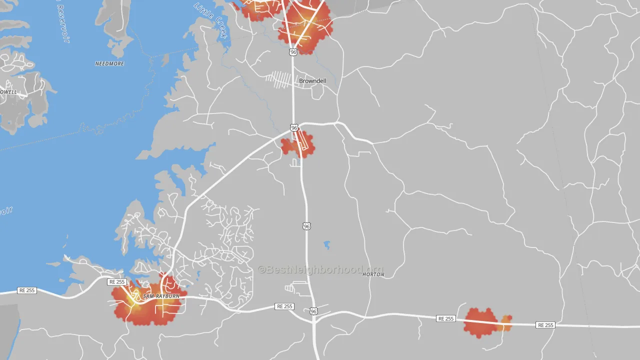Walk Grade map of Browndell, TX, walkable areas in green and car-dependent areas in red