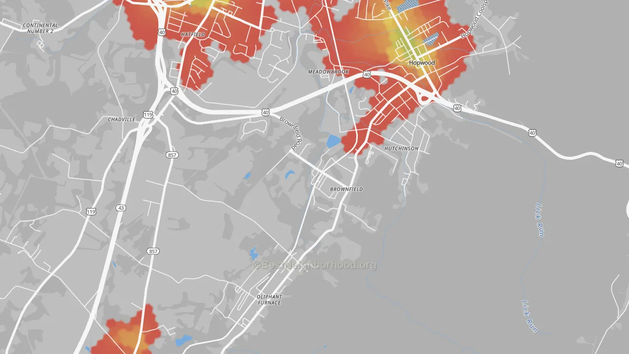 Walk Grade map of Brownfield, PA, walkable areas in green and car-dependent areas in red