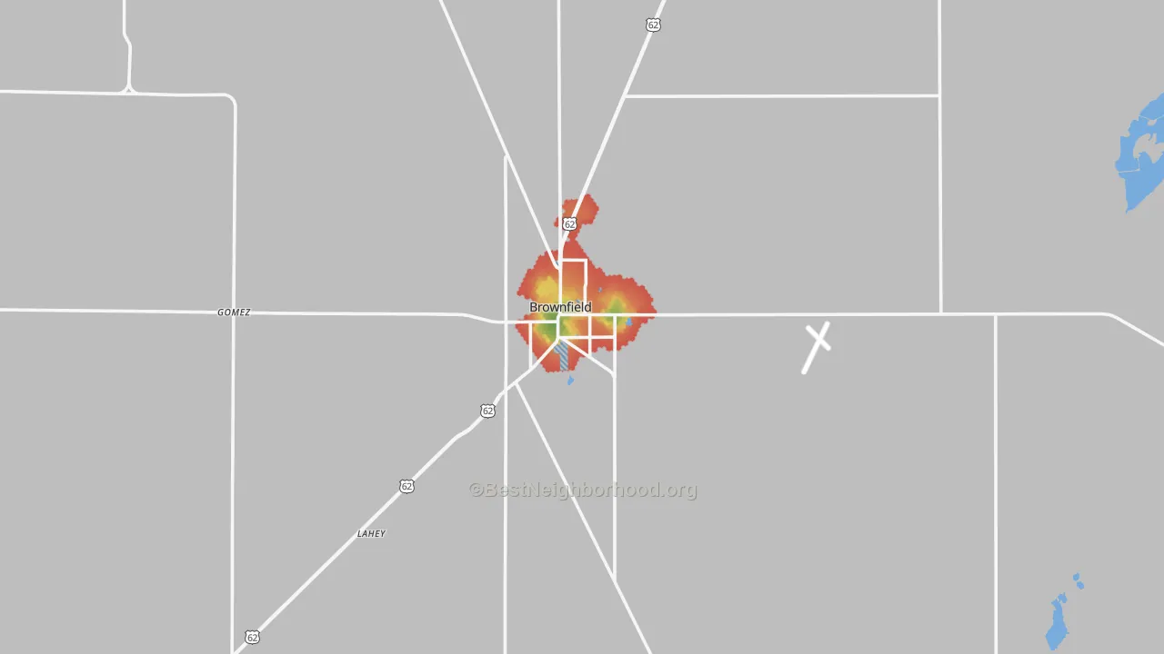 Walk Grade map of Brownfield, TX, walkable areas in green and car-dependent areas in red