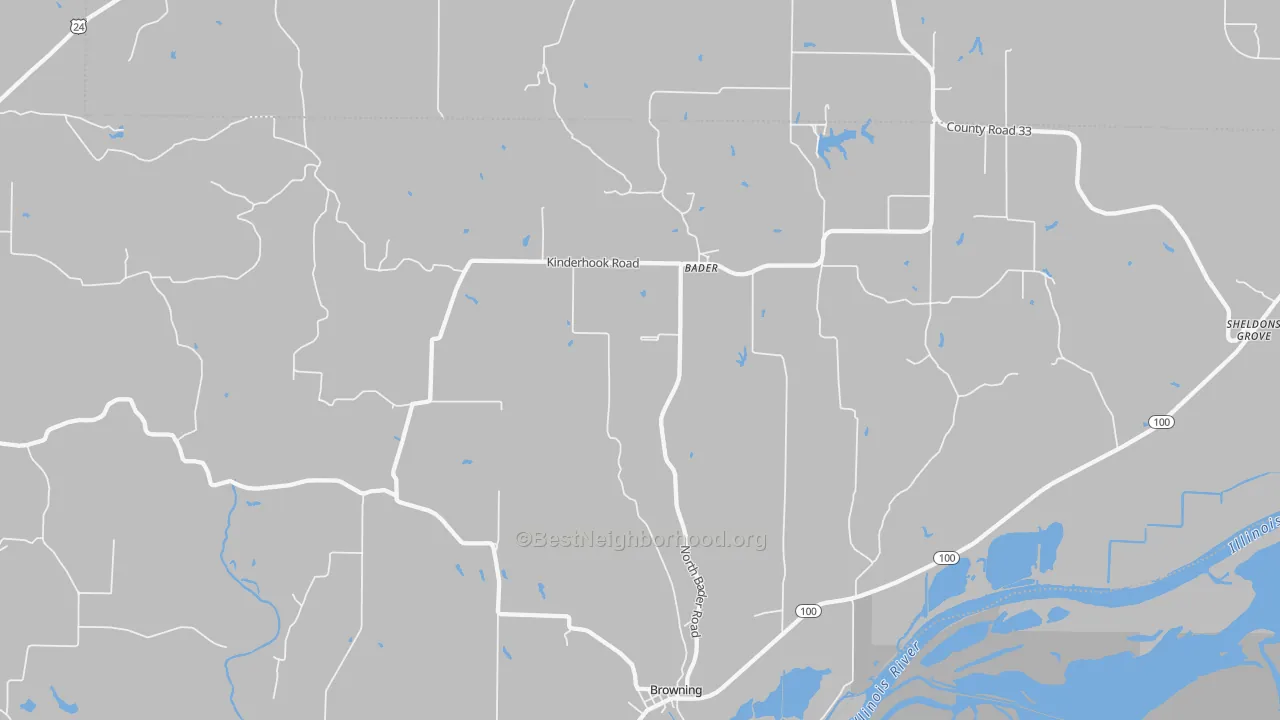 Walk Grade map of Browning, IL, walkable areas in green and car-dependent areas in red