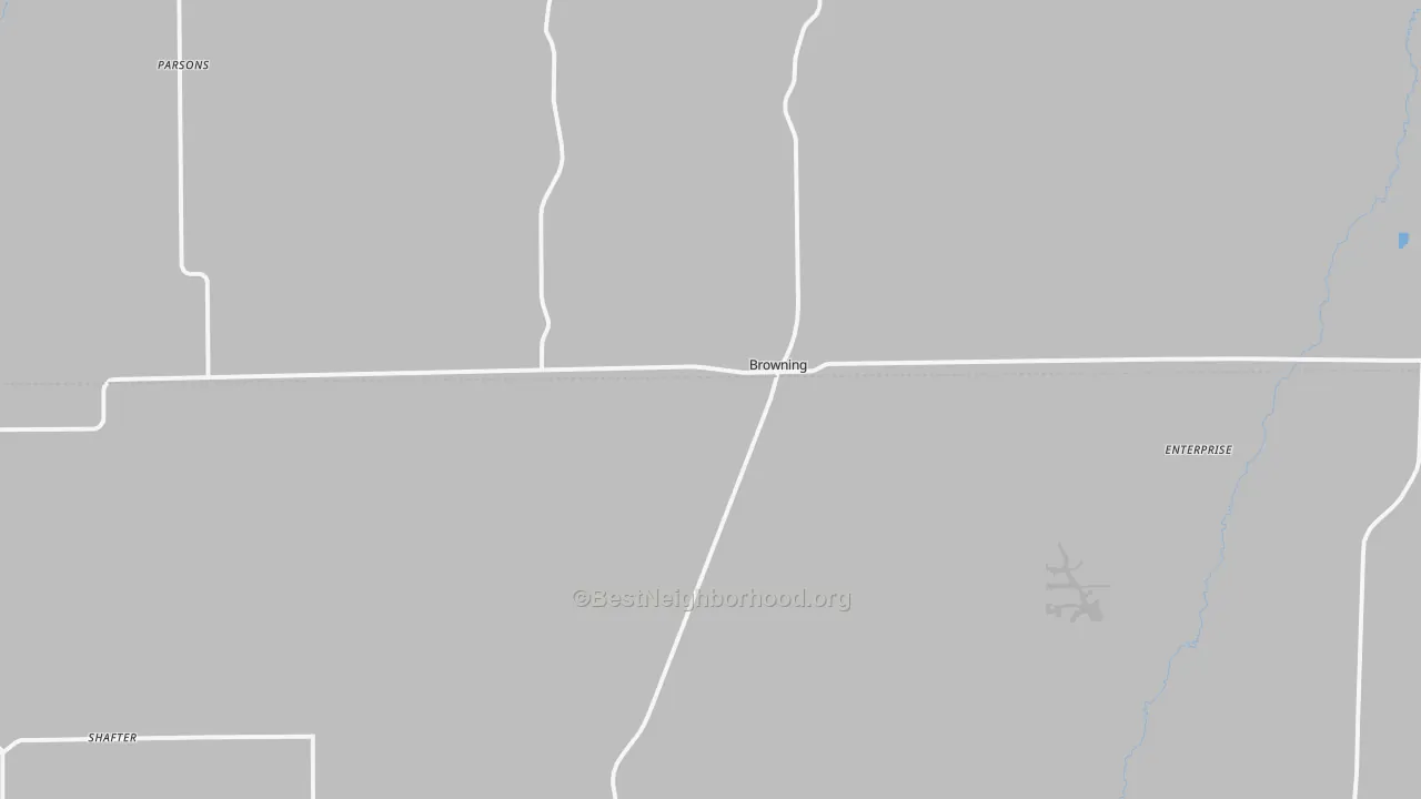 Walk Grade map of Browning, MO, walkable areas in green and car-dependent areas in red