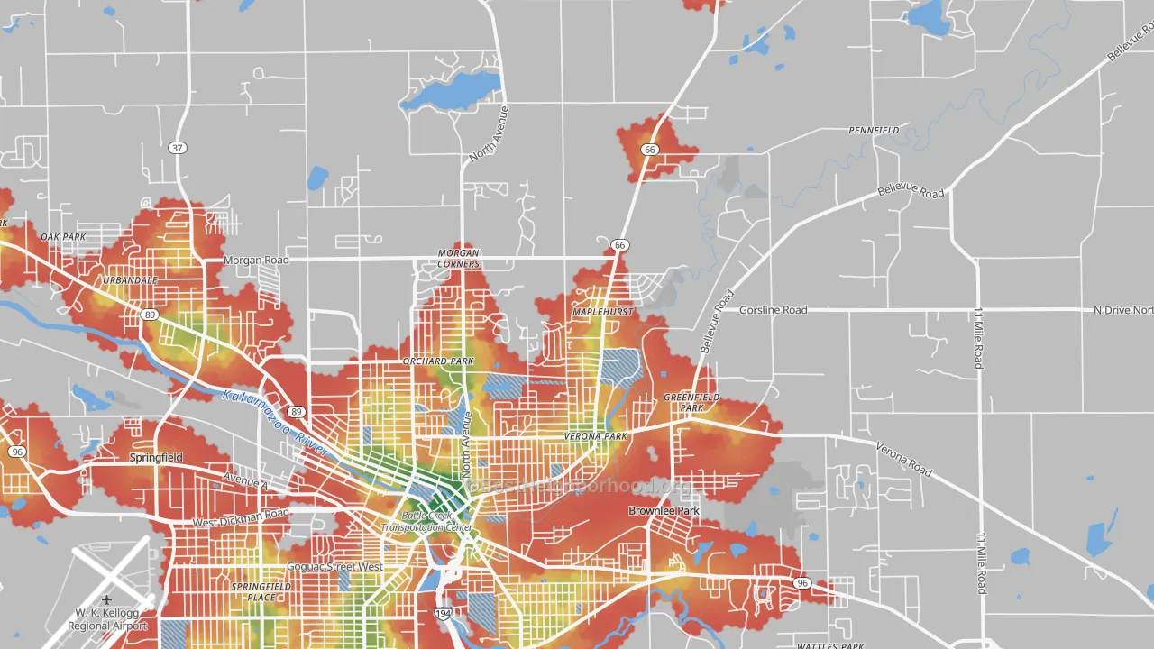 Walk Grade map of Brownlee Park, MI, walkable areas in green and car-dependent areas in red