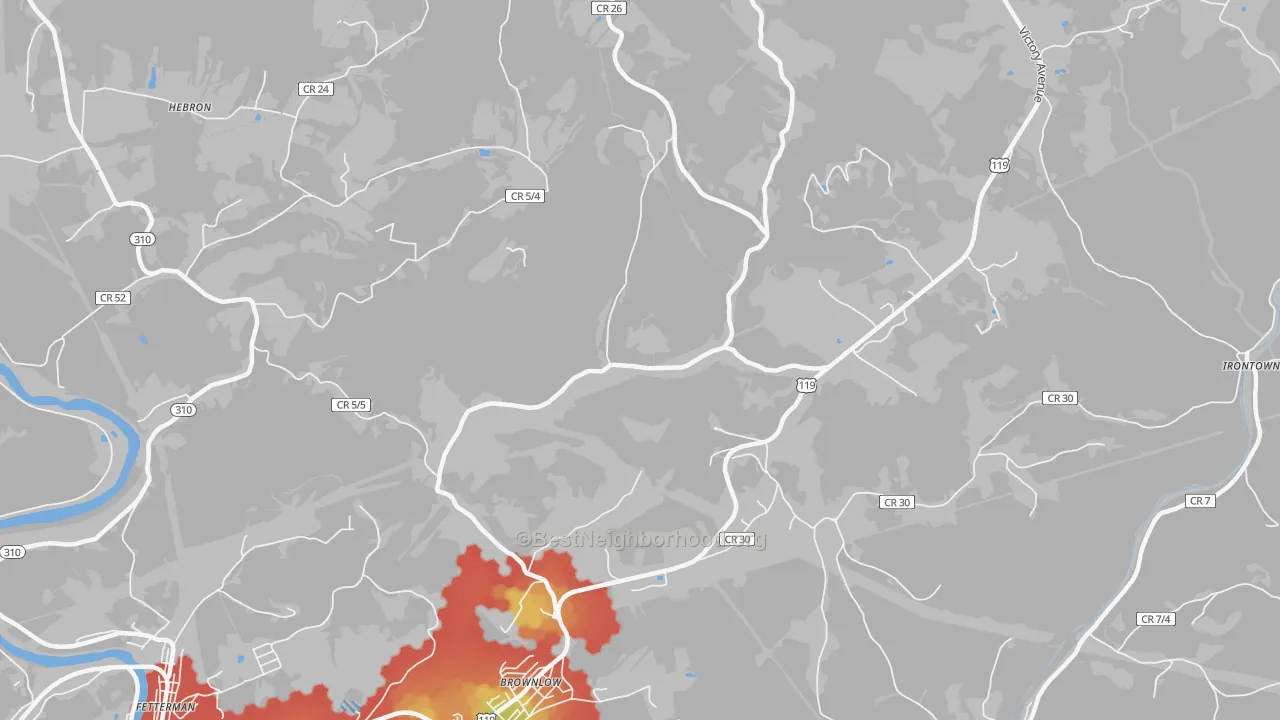 Walk Grade map of Brownlow, WV, walkable areas in green and car-dependent areas in red