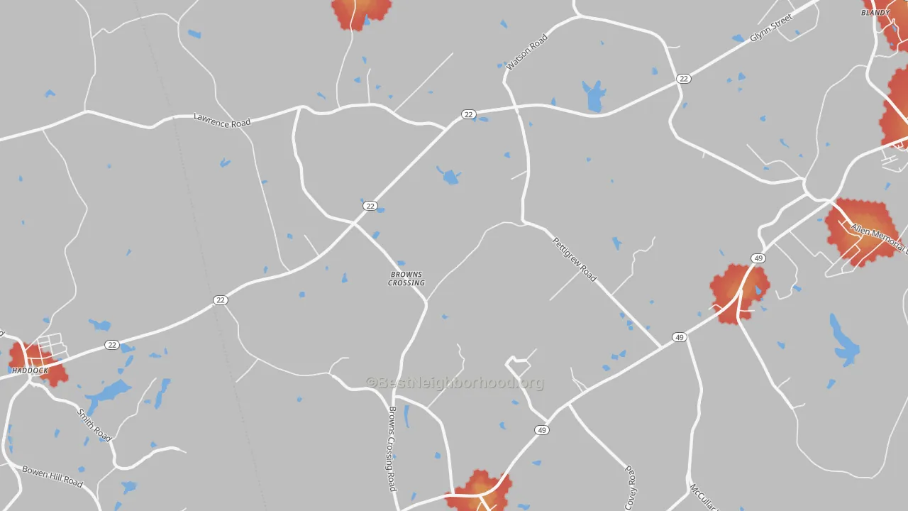 Walk Grade map of Browns Crossing, GA, walkable areas in green and car-dependent areas in red