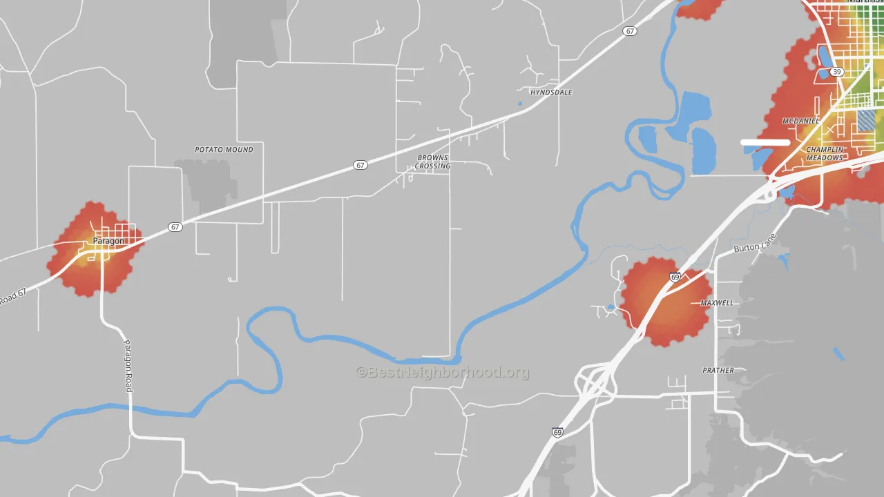 Walk Grade map of Browns Crossing, IN, walkable areas in green and car-dependent areas in red