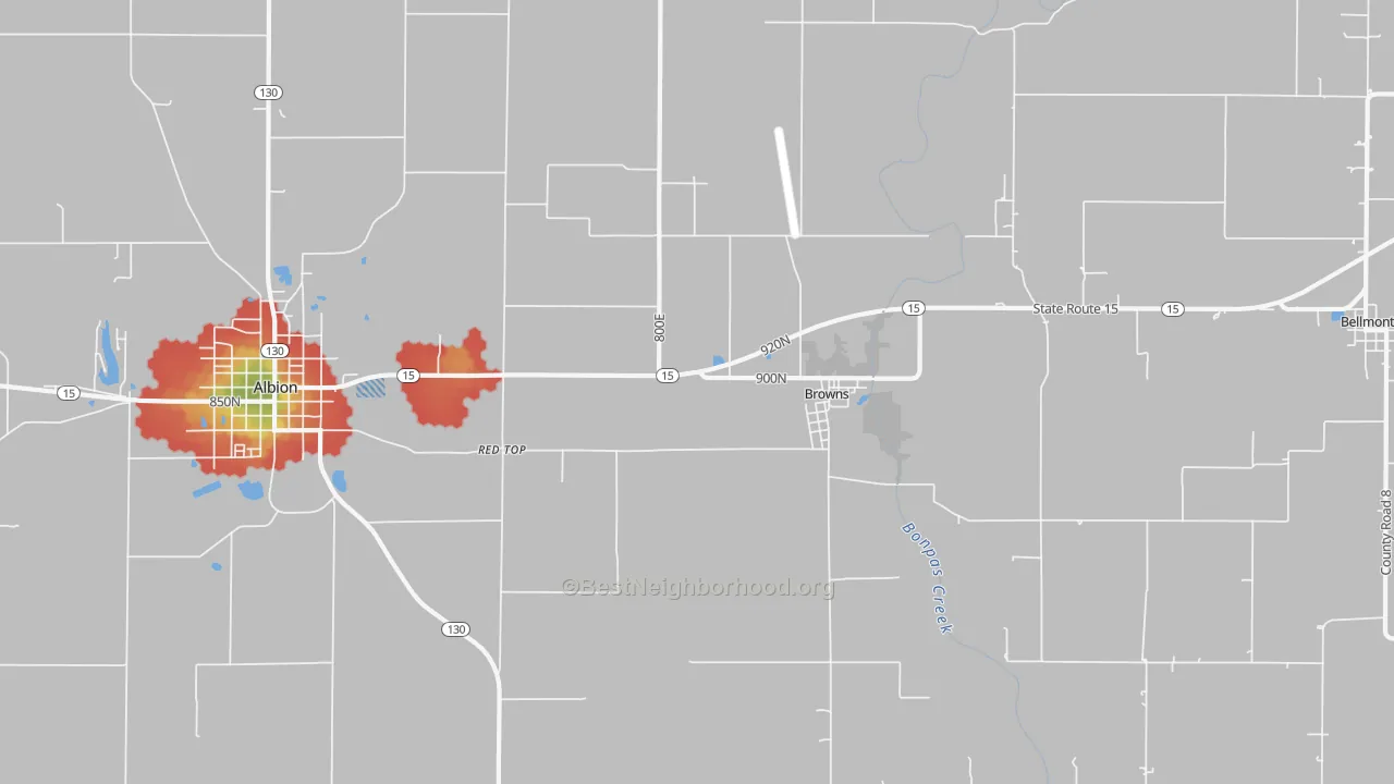 Walk Grade map of Browns, IL, walkable areas in green and car-dependent areas in red