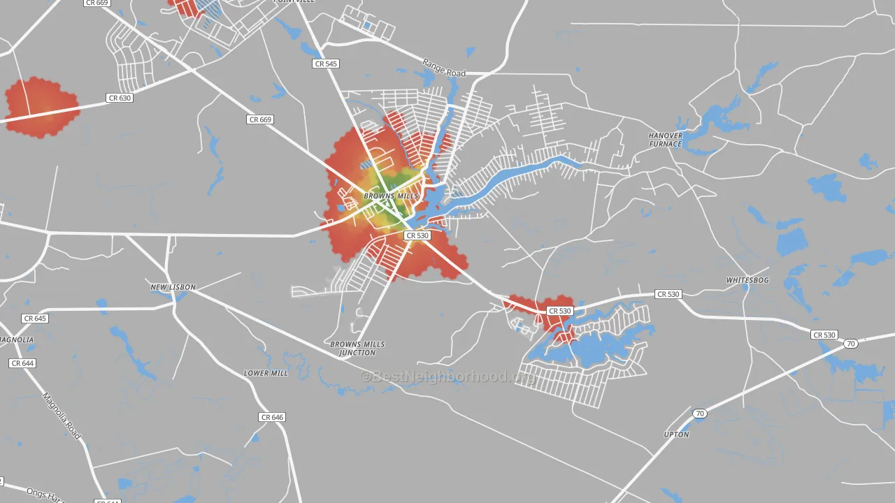 Walk Grade map of Browns Mills, NJ, walkable areas in green and car-dependent areas in red