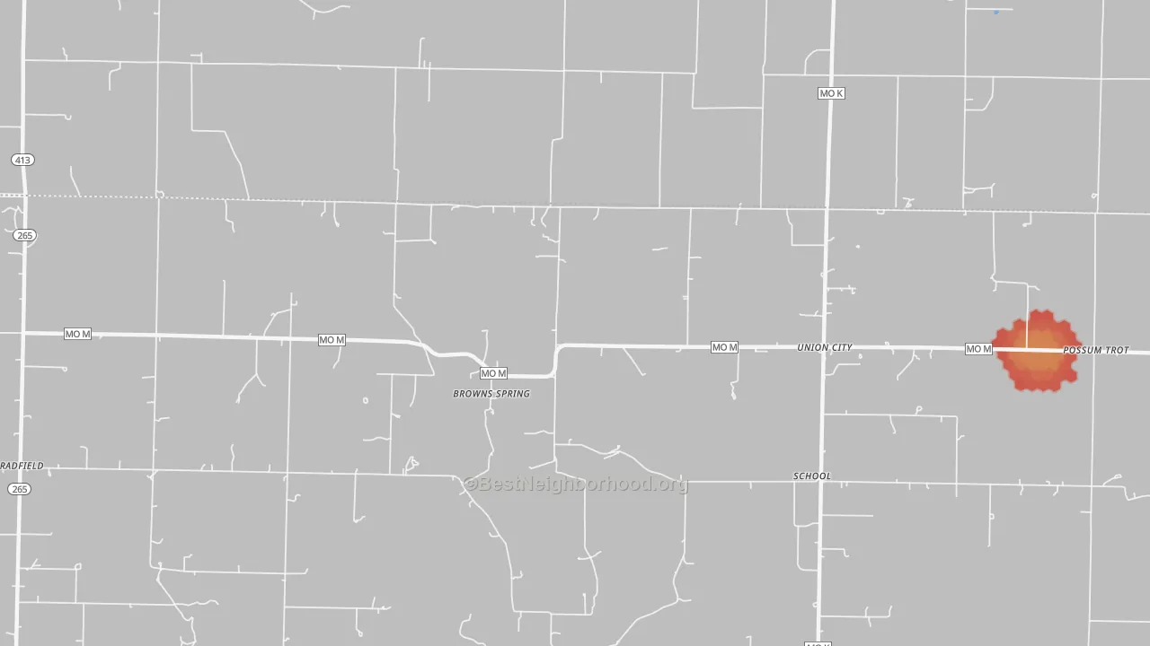 Walk Grade map of Browns Spring, MO, walkable areas in green and car-dependent areas in red