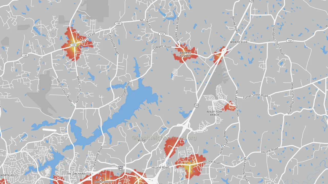 Walk Grade map of Browns Summit, NC, walkable areas in green and car-dependent areas in red