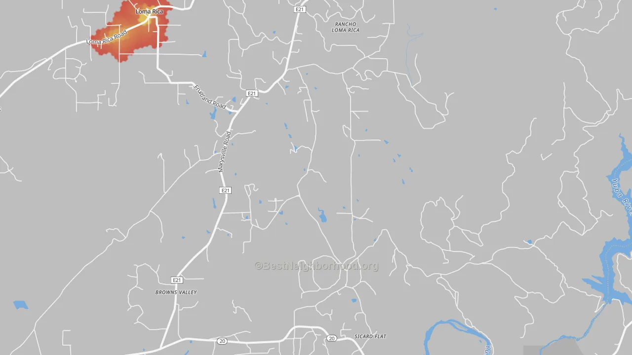 Walk Grade map of Browns Valley, CA, walkable areas in green and car-dependent areas in red
