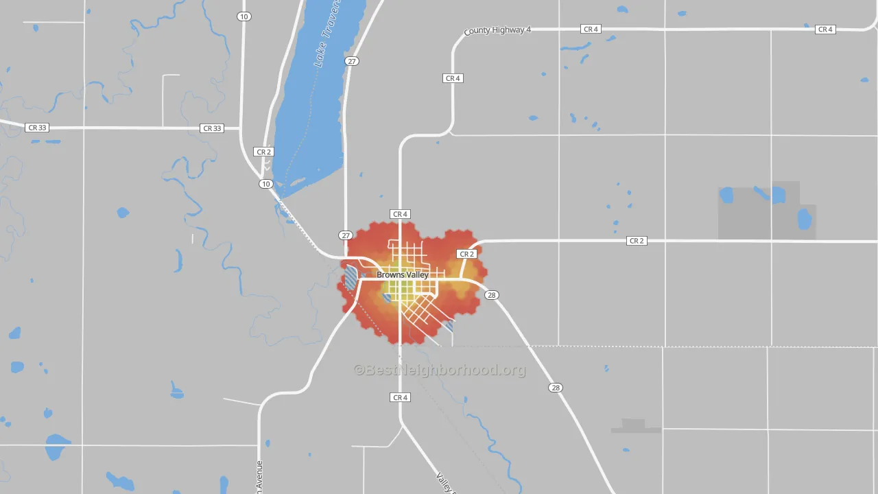 Walk Grade map of Browns Valley, MN, walkable areas in green and car-dependent areas in red