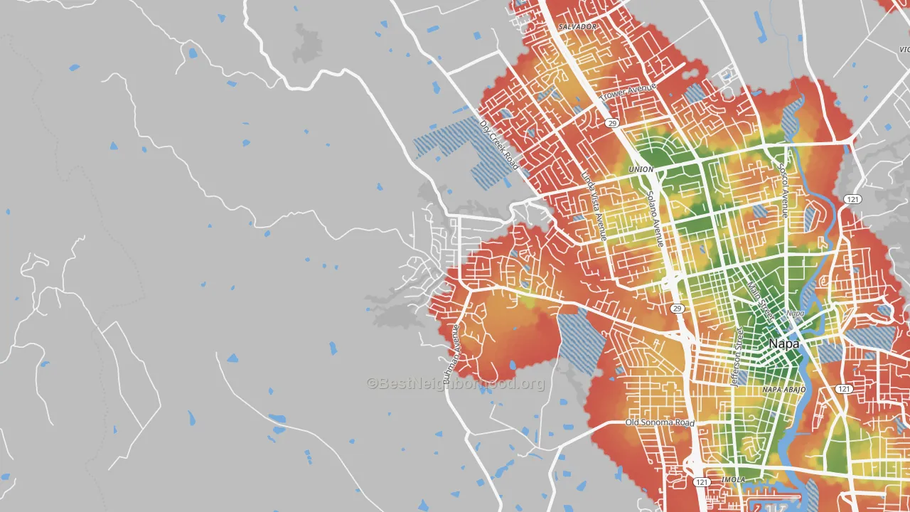 Walk Grade map of Browns Valley, Napa, CA, walkable areas in green and car-dependent areas in red