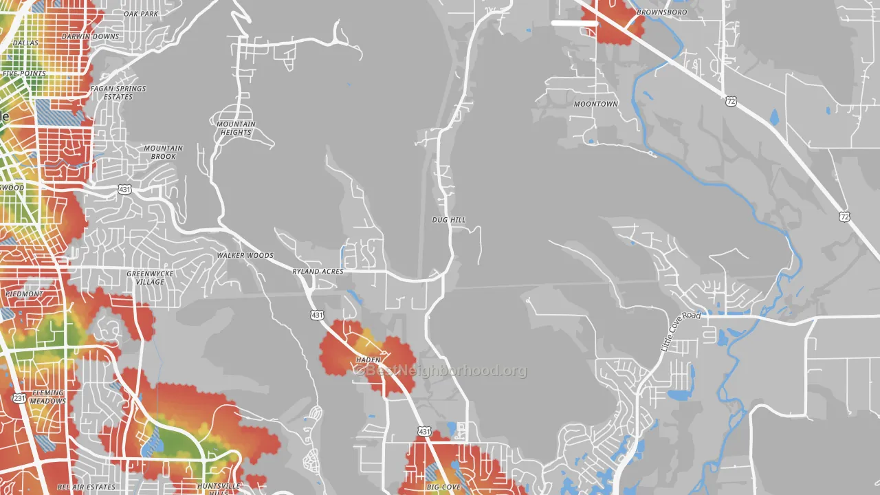 Walk Grade map of Brownsboro, AL, walkable areas in green and car-dependent areas in red
