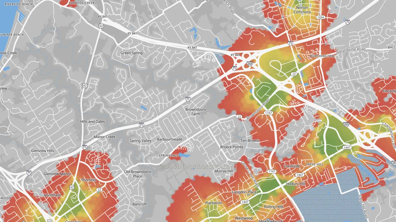 Walk Grade map of Brownsboro Farm, KY, walkable areas in green and car-dependent areas in red