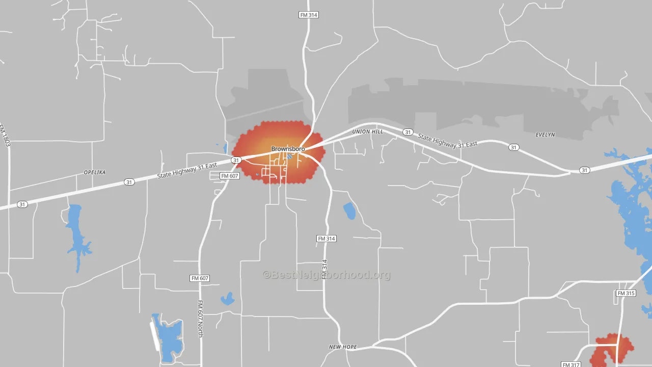 Walk Grade map of Brownsboro, TX, walkable areas in green and car-dependent areas in red