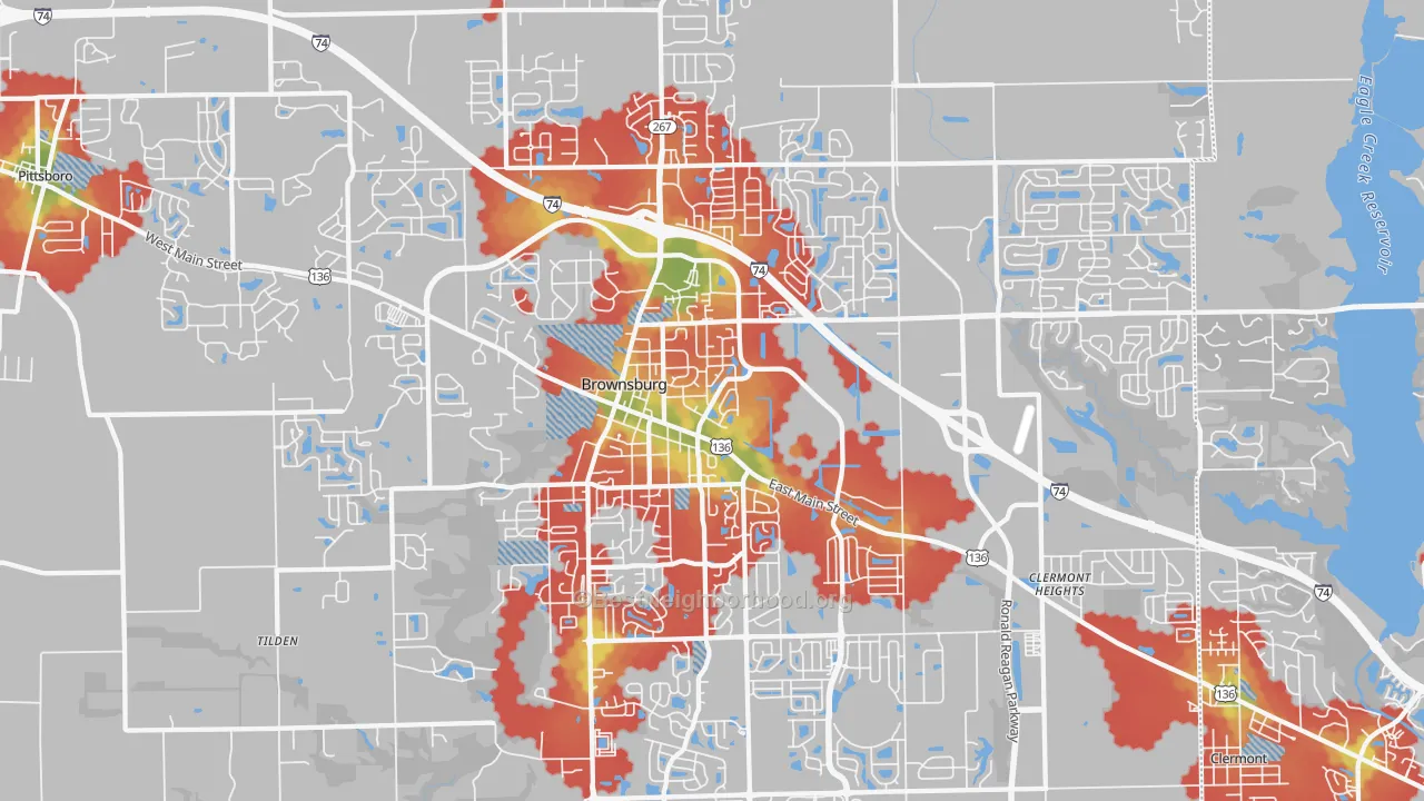 Walk Grade map of Brownsburg, IN, walkable areas in green and car-dependent areas in red