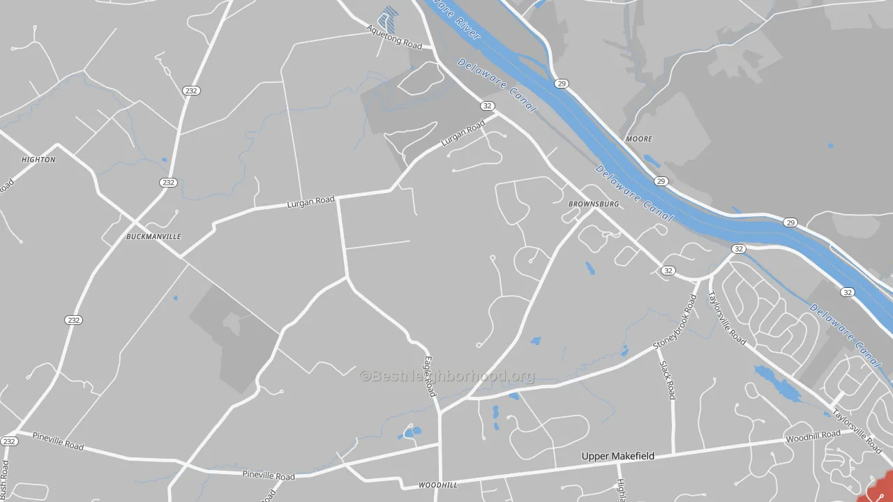 Walk Grade map of Brownsburg, PA, walkable areas in green and car-dependent areas in red