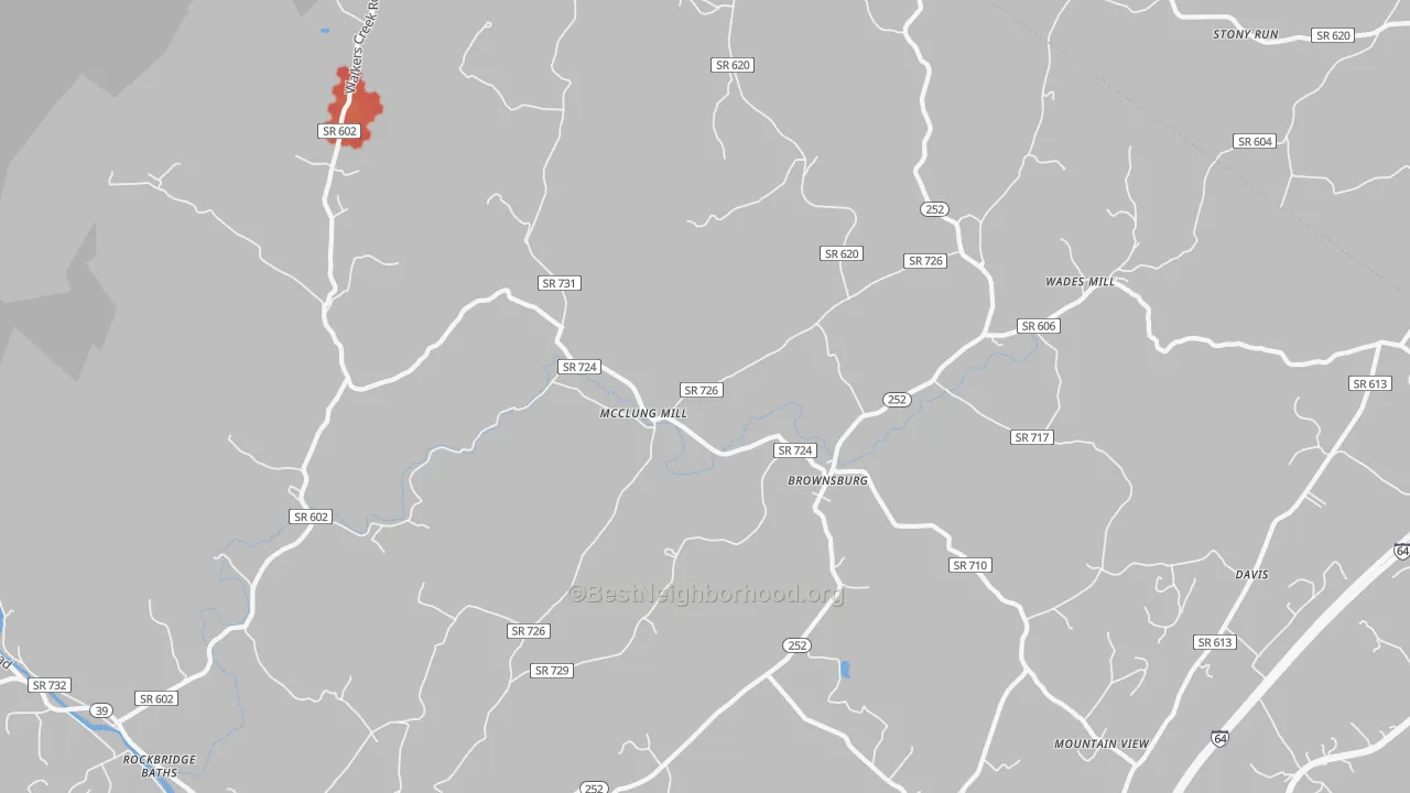 Walk Grade map of Brownsburg, VA, walkable areas in green and car-dependent areas in red